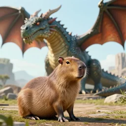 a small capybara sits in front of a huge dragon, ray tracing, octane render, digital art, realistic, high quality, 8 k