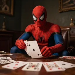 spiderman in tuxedo playing cards in a dark room, dim light, realistic light, soft light, focus, depth of field, photorealism, 8 k quality, high quality, realistic style, old painting, classic era painting