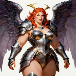 portrait of plus size female chaos angel, beautiful! coherent! by frank frazetta, by brom, strong line, deep color, spiked metal armor, maximalist