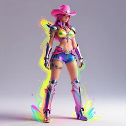 full body disintigrating synthwave cowgirl, character design, bright colors, illusion, metallic, armor, stunning, breathtaking, digital render, line art, unreal engine, lunar cyberpunkcity backdrop, de - noise, 8 k, volumetric lighting, detailed contrast, scattered mist, glow, rim light by greg rutkowski