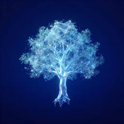 a polygon shining tree floating in a dark blue void filled with particles, 4k trending on artstation, weirdcore trancecore