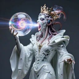 a perfect majestic portrait photograph of a distorted, contorted human monarch. saran wrap robes of shattered porcelain, and a crown of squid engulfing their head. their gaping mouth is blasting colored rays of pure energy in a fractal glass sphere.