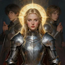 masterpiece head-on symmetrical centered painted portrait, Imogen Poots as a paladin, blonde hair, holy light halo, glorious, wearing full metal armour, elegant, in the style of Greg Rutkowski, Jesper Eising, by RHADS, Makoto Shinkai and Lois van baarle, ilya kuvshinov, trending on ArtStation, dark fantasy, great composition, concept art, highly detailed, 8K, official fanart behance hd, rich deep moody colors