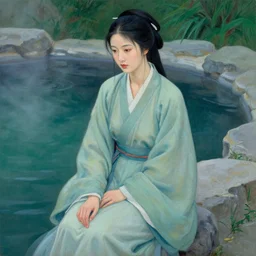 hyperrealism beautiful chinese woman in hanfu sitting near the hot spring, yumiko kayukawa, drab blue greens, dark greens, highly detailed, canvas, acrylic paint