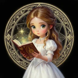 a portrait of girl scholar in white dress, magic book, magic circle, fantasy, dungeons and dragons, an ultrafine detailed painting, chibi, detailed painting, boris valejo. octopath traveler decal!!!
