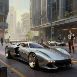 street scene, brutal architecture, retro futuristic concept cars, low profile tires, detailed chrome trim, jodhpurs greg manchess painting by sargent and leyendecker, cyberpunk 2 0 7 7 concept intricate elegant illustration forza, by greg rutkowski and greg tocchini and james gilleard and electra highway