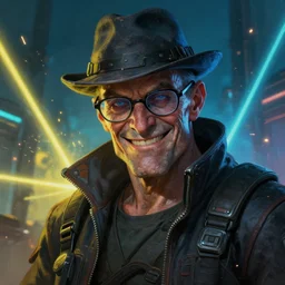 an intimate portrait of a gnarly human cyberpunk captain, old skin, faded hat, charming, strong leader, glasses, a look of cunning, big smile, detailed matte fantasy painting, the night war rages behind him, lasers, sparks, yellow and blue and cyan