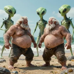 photo, two old men!, two hairy fat ugly fight aliens 4 0 1 2 7 on a beach, highly detailed, scary, intricate details, volumetric lighting, front view