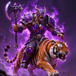 enraged orc king in spiky armor with a purple fiery aura aura aura aura aura aura, wearing a dragon mask, holding a poisonous axe, riding riding riding riding riding riding a tiger, trending on artstation, sharp focus, highly detailed, digital fantasy art