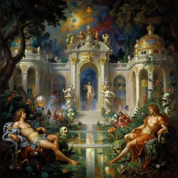 a baroque neoclassicist renaissance painting of caligula's hedonistic garden palace, full of beautiful nature and horrors, reflective detailed textures. glowing colorful fog, dark background. highly detailed fantasy science fiction painting by moebius, norman rockwell, frank frazetta, and alphonse mucha. rich colors, high contrast. artstation