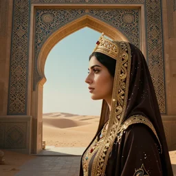 sideview face portrait of an islamic empress combined with a surreal islamic style ornamental gate in the desert opening into an other dimension. by vincent di fate, james jean, dom qwek. inspired by igor goryunov andrei riabovitchev. ornament, intarsia, ambient lighting, atmospherical, photorealistic fantasy concept art, trending on art station, cinematic, ultra detailed