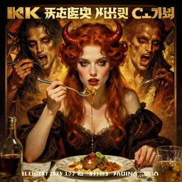 hyperrealistic portrait of a woman as amber heard eating dinner in hell by jeremy mann and alphonse mucha, fantasy art, photo realistic, dynamic lighting, artstation, poster, volumetric lighting, very detailed faces, 4 k, award winning