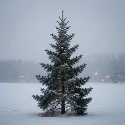 a single fir tree in a desolate blizzard landscape, very foggy, out - of - focus lights in the background