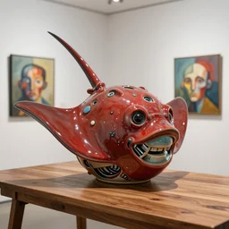 beautiful gallery show studio photograph of a giant realistic round biomechanical ceramic sculpture of a stingray, oxblood glaze, placed on a polished wooden table, colorful hyperrealism 8 k trending on artstation