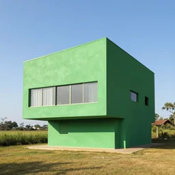 a brutalist architecture house painted in green. the house stands in a rural landscape. designed by paulo mendes da rocha and artigas