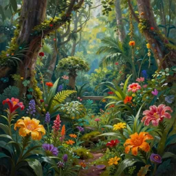 rainforest, brightly colored flowers, extremely detailed oil painting, unreal 5 render, digital art, landscape painting, octane render, beautiful composition, trending on artstation, award winning photograph, masterpiece
