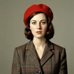 portrait of a woman wearing a plaid blazer and red beret, by norman rockwell.
