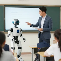 teacher explaining at school next to a robot