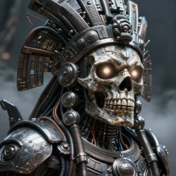 a close up dark sci fi portrait of a aztec skull god fused into massive wires and wearing sci fi armor, cinematic lighting, smooth, high detail, glowing eyes, studio quality, unreal engine, octane render, by vitaly bulgarov artstation, by alexandros pyromallis, fog volumes, metal panels, greeble detail, cgsociety