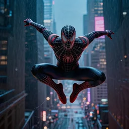peter parker flying with spidernets through cyberpunk new york city street, a dark city background, lens flare, rain, deep focus, d & d, intricate, elegant, highly detailed, photo, 9 0 s, artstation, blade runner, 8 k, sharp focus, octane, unreal engine 5, global illumination, radiant