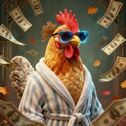 portrait, anthropomorphic chicken, striped bathrobe, curly hair, electric sunglasses, surrounded by floating autumn dollar bills, fantasy, detailed, intricate, luminescent, elegant, coherent, by mandy jurgens, hannah yata and kay sage, donato giancola, detailed, artstation, cinematic lighting, artdeco, art deco outrun aesthetic