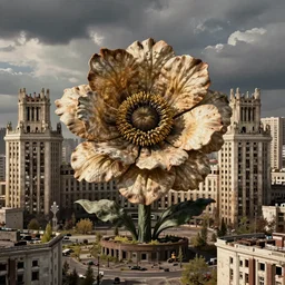 giant grotesque flower in the middle of abandoned post soviet constructivist cityscape, Stalinist architecture, ultradetailed by Josan Gonzalez and Giuseppe Arcimboldo and Wes Anderson