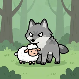 minimal tatoo art, angry wolf biting a cute sheep, forest, by artsy kiddo
