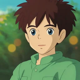 anime fine details portrait of Brown Haired, Blue Eyed anime boy, Green shirt, bokeh. anime masterpiece by Studio Ghibli. 8k, sharp high quality classic anime from 1990 in style of Hayao Miyazaki