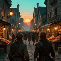 close behind the back of two fantasy adventurers, two adventurers in high contrast, busy market street, big crowd, sunset, street lamps, fantasy medieval city, extremely crowded, spice shop, royo, greg rutkowski, digital art, cinematic, teal orange color palette