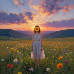 girl with a flower face, surreal photography, bizzare, dreamlike, standing in flower field, in a valley, sunrise dramatic light, impressionistic painting, colorful clouds, artstation, simon stalenhag