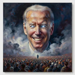 large abstract painting of giant grinning evil dark dynamic Joe Biden head emerging from cosmic clouds at giant immense crowd of person army, trending on ArtStation, masterpiece, by Greg Rutkowski, by Ross Tran, by Fenghua Zhong, octane, lightbeam eyes, soft render, clear facial features, oil on canvas,, moody lighting, cinematic, professional environment concept art