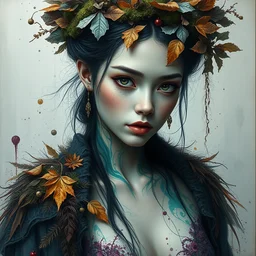 full body shot portrait of beautiful girl by irakli nadar with intricate detailed color smashing fluid oil paint and acrylic, dried moss and dried autumn leaves headdress, melting wax, mycelia, abstract impressionism, ruan jia, fantasy, hyper detailed, concept art, by gustav klimt,
