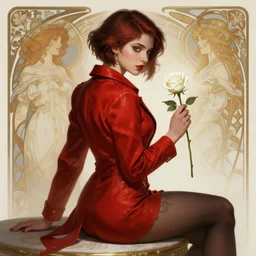 red jacket tattooed sexy short haired girl sits on a table holding a white rose, deep focus, turnaround, fantasy, intricate, elegant, highly detailed, digital painting, artstation, concept art, matte, sharp focus, illustration, hearthstone, art by artgerm and greg rutkowski and alphonse mucha.