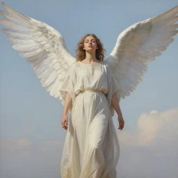 avan jogia as an angel, large wings, long tunic, pale colors, sky background, photorealistic painting by mandy jurgens, trending on artstation, photorealism, detailed painting, behance hd, hyper realism
