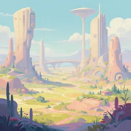 a scifi landscape painting by Dan Mumford,trending on artstation,intricate,2d,4k,pastel colors