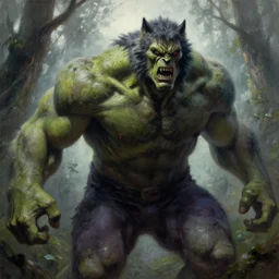 frazetta hulked oversized scary rugged horror wolf werewolf concept art macro medium close up shot in deep forest, mist, overcast, backlighting, oil painting by frank frazetta by greg rutkowski