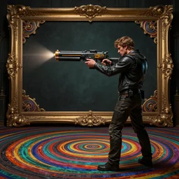 a man shoots a blaster, a frame in perspective, details, dark room, side profile centered, by artgerm, cushart krenz, greg rutkowski, james jean. art nouveau. gloomhaven, swirly vibrant ripples, gaudy colors, sharp edges. ultra clear detailed. 8 k. elegant, intricate, octane render