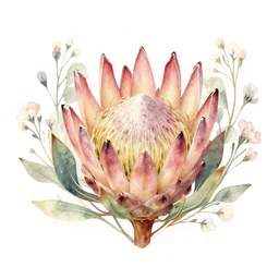 protea flower crown, king protea surrounded by small delicate flowers, soft painting, watercolor, illustration