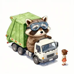 cute and funny, racoon wearing goggles driving a tiny garbage truck, ratfink style by ed roth, centered award winning watercolor pen illustration, isometric illustration by chihiro iwasaki, edited by craola, tiny details by artgerm and watercolor girl, symmetrically isometrically centered