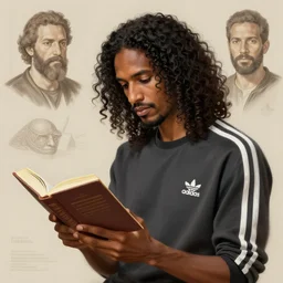 a somali man with long curly hair, reading books, wearing adidas clothing, portrait, elegant, intricate, digital painting, artstation, concept art, smooth, sharp focus, illustration, art by konstantin korovin and daniel f. gerhartz and john howe