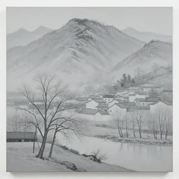 a gorgeous bleak spring landscape painting by barlowe wayne maxfield parrish and marco mazzoni. tree no leaf!! china mountain village!! grey blue and verdancy. the lake ice is melting. the winding stone steps. ultra clear detailed. 3 d, octane render. chinese wuxia.