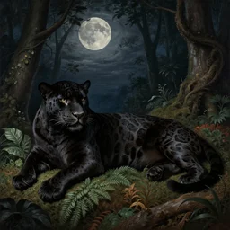 black jaguar in a forest resting among plants, hyperrealistic, maximalist, with an intricate fur pattern, elegant, ornate, horror, caravaggio painting, under the moonlight, by ivan shishkin, panorama, 4 k, cinematic lighting