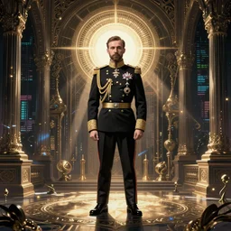 Nicholas II of Russia, cyberpunk, synthwave, ornate, digital art, illustration, artstation, youtube, full body, wide angle, Schwarze Sonne halo