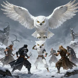 a group of heroes fighting a huge terrifying white owl in a snowy landscape, fantasy concept art, intricate detail