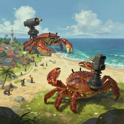 establishing shot of a village near a beach, a gigantic crab crawling up from the ocean towards village, [ laser ] [ turret ] [ attached ] on crab, dnd character art portrait, matte fantasy painting, deviantart artstation, by jason felix by steve argyle by tyler jacobson by peter mohrbacher, cinematic lighting