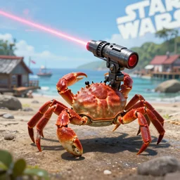 shoulder shot of crab walking towards a coastal village, a huge gigantic crab with a [ shooting ] [ star - wars ] [ blaster - turret ] attached to its back crawling towards a village, [ star wars ] [ laser ] [ turret ] [ attached ] to top of crab, xf iq 4 f 5. 6 iso 2 0 0, mcquarrie