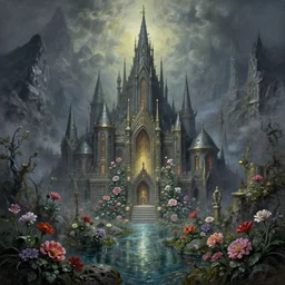 dwarven metropolis of water and flowers, located between the mountains. airbrush and metallic paints by award - winning visual novelist, gothic horror, impressionism, depth of field, backlighting