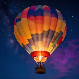 highly detailed realistic photo of hot air balloon flying in colorful night space, stars are glowing, vibrant colors, award winning masterpiece photography, hyper realistic, concept art, 8 k detail post - processing