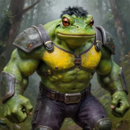 macro medium close up shot, rugged anthropomorphic muscular!!!!!!!!! oversized!!!!!!!! hulked!!!! frog as oversized green armored barbarian armored hunter with yellow chest wearing war soldier uniform sci - fi armor in deep forest, mist, overcast, oil painting by frazetta and greg rutkowski