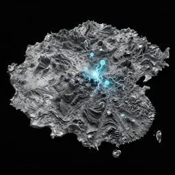a photorealistic render of a topographic map, on a black background, greyscale, made of melted metal and bioluminescent beings, c 4 d, by zhelong xu ouchh studio and ernst haeckel, wide angle, hyper realistic, plain black background, 8 k, volumetric lightning, octane render